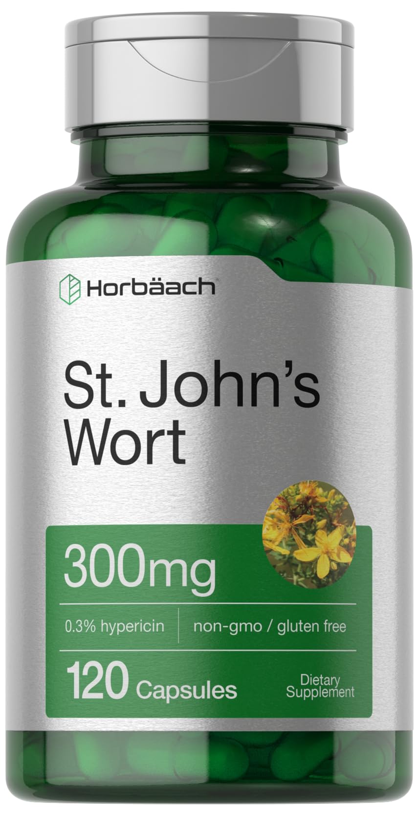 Cápsulas Horbäach Hierba de San Juan 300 mg para uso diario de bienestar.