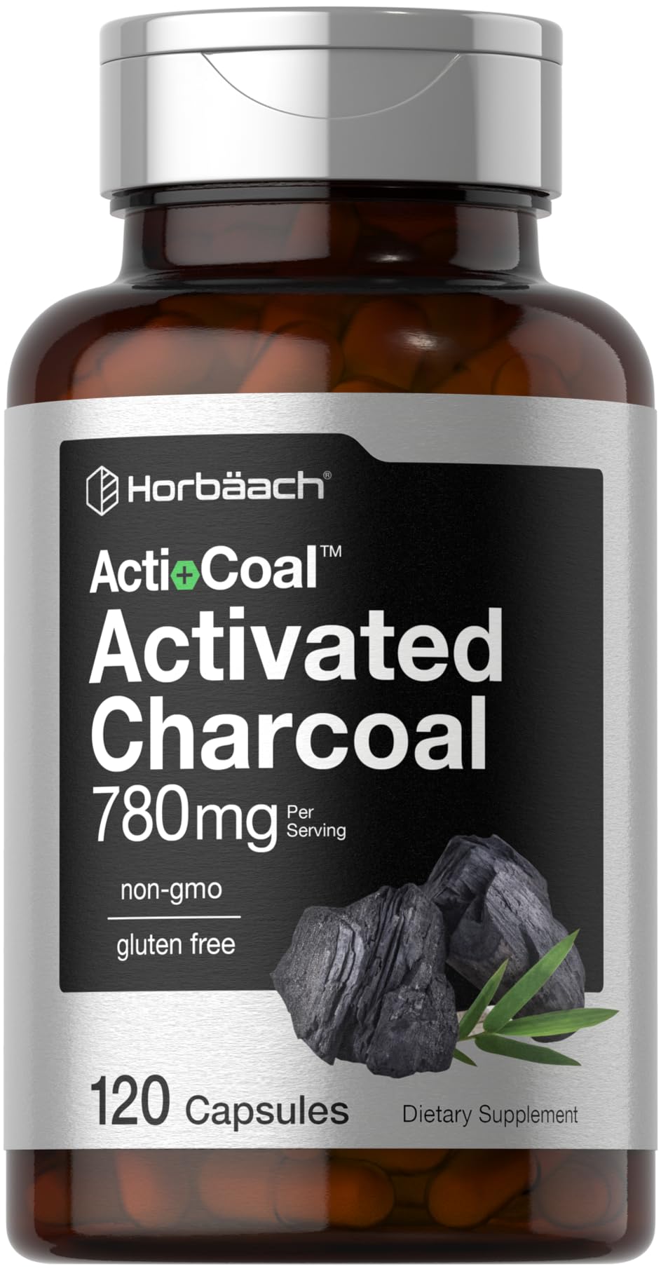 Cápsulas Horbäach de carbón activado en botella, uso diario cómodo