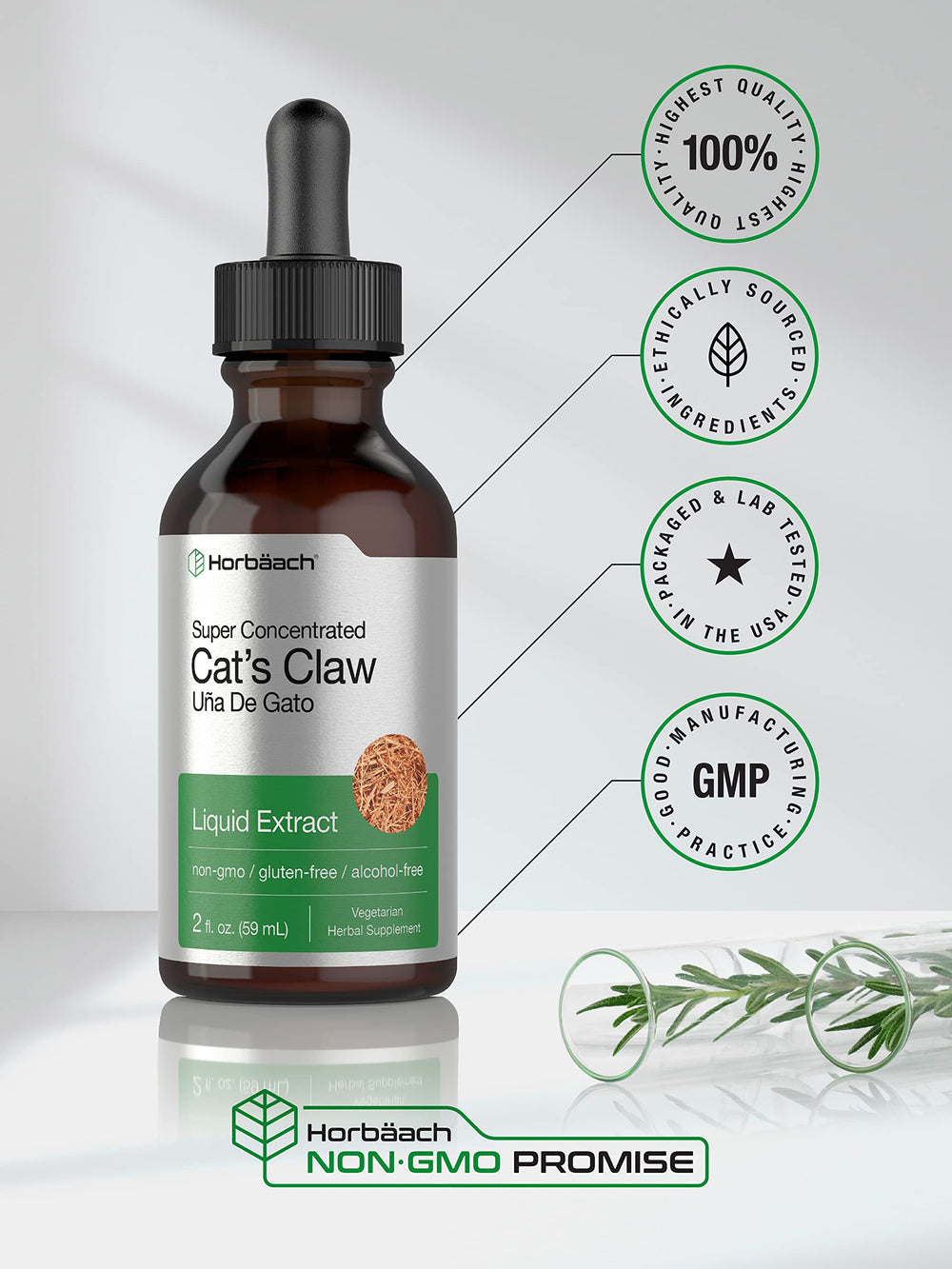 Horbäach Cat's Claw non-GMO bottle provides clean, gluten-free supplementation.
