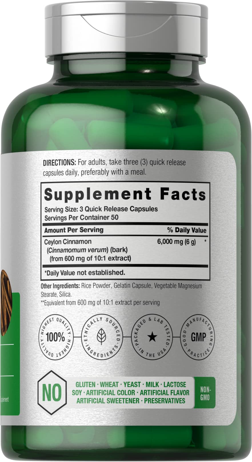Horbäach Ceylon Cinnamon capsules bottle back label with dosage information