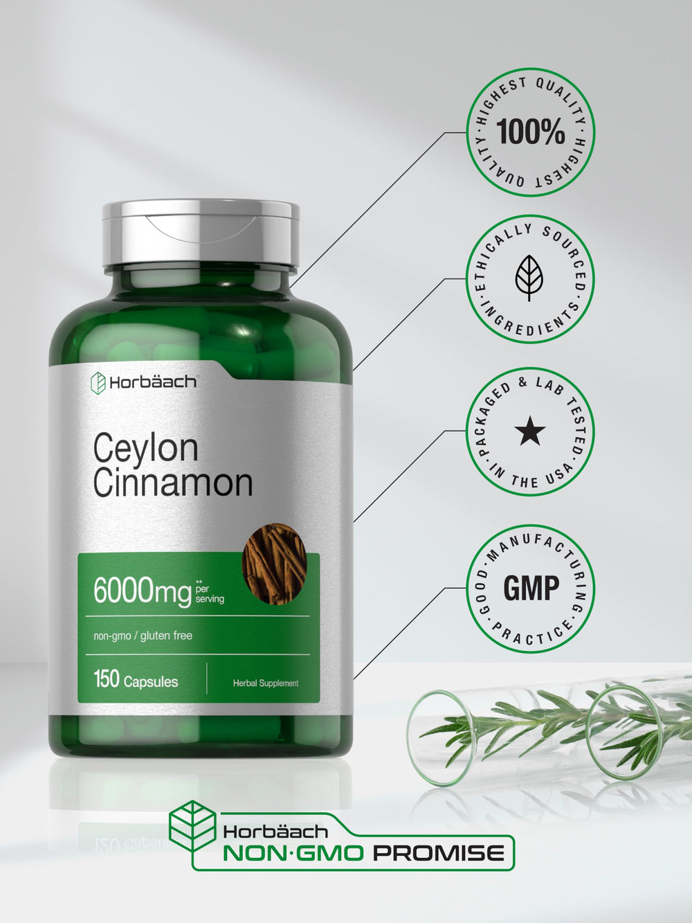 Horbäach Ceylon Cinnamon capsules packaging highlights gluten-free and non-GMO status