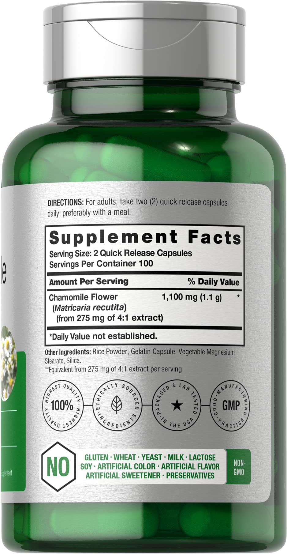 Horbäach chamomile capsules closeup; quick-release capsules for easy nightly calm.