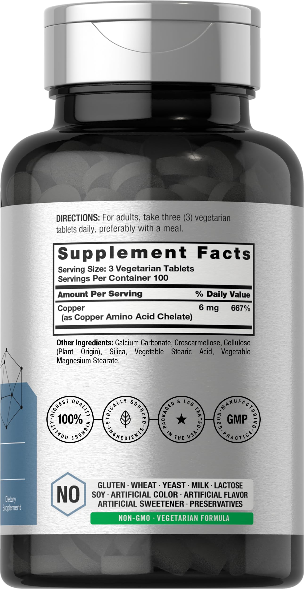 Close-up of Horbaach Chelated Copper 6 mg label for clear ingredients
