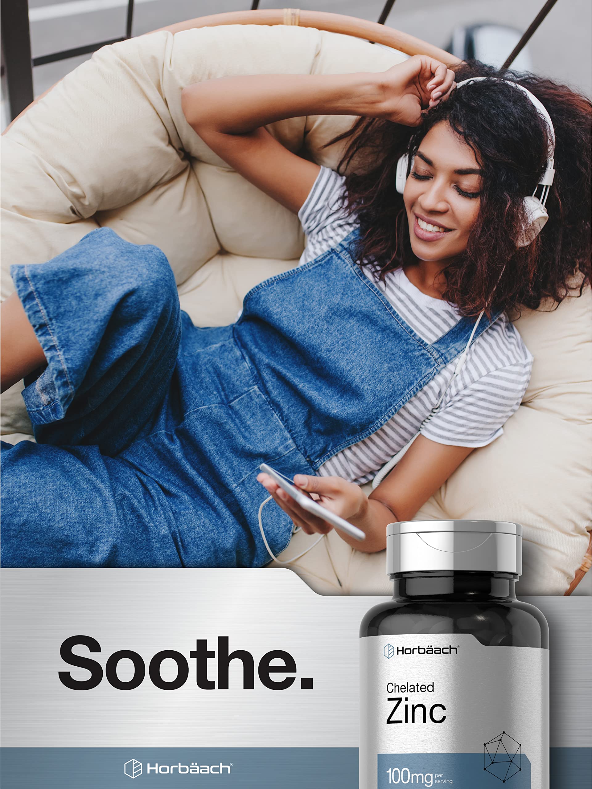 Horbaach Chelated Zinc 100 mg supplement facts panel emphasizes high potency.