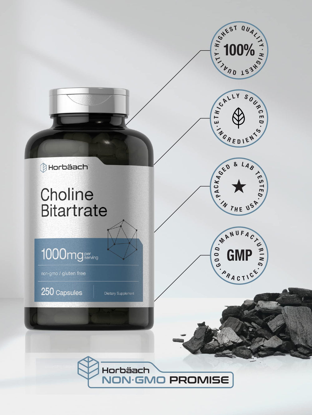 Horbaach Choline Bitartrate bottle display gluten-free seal