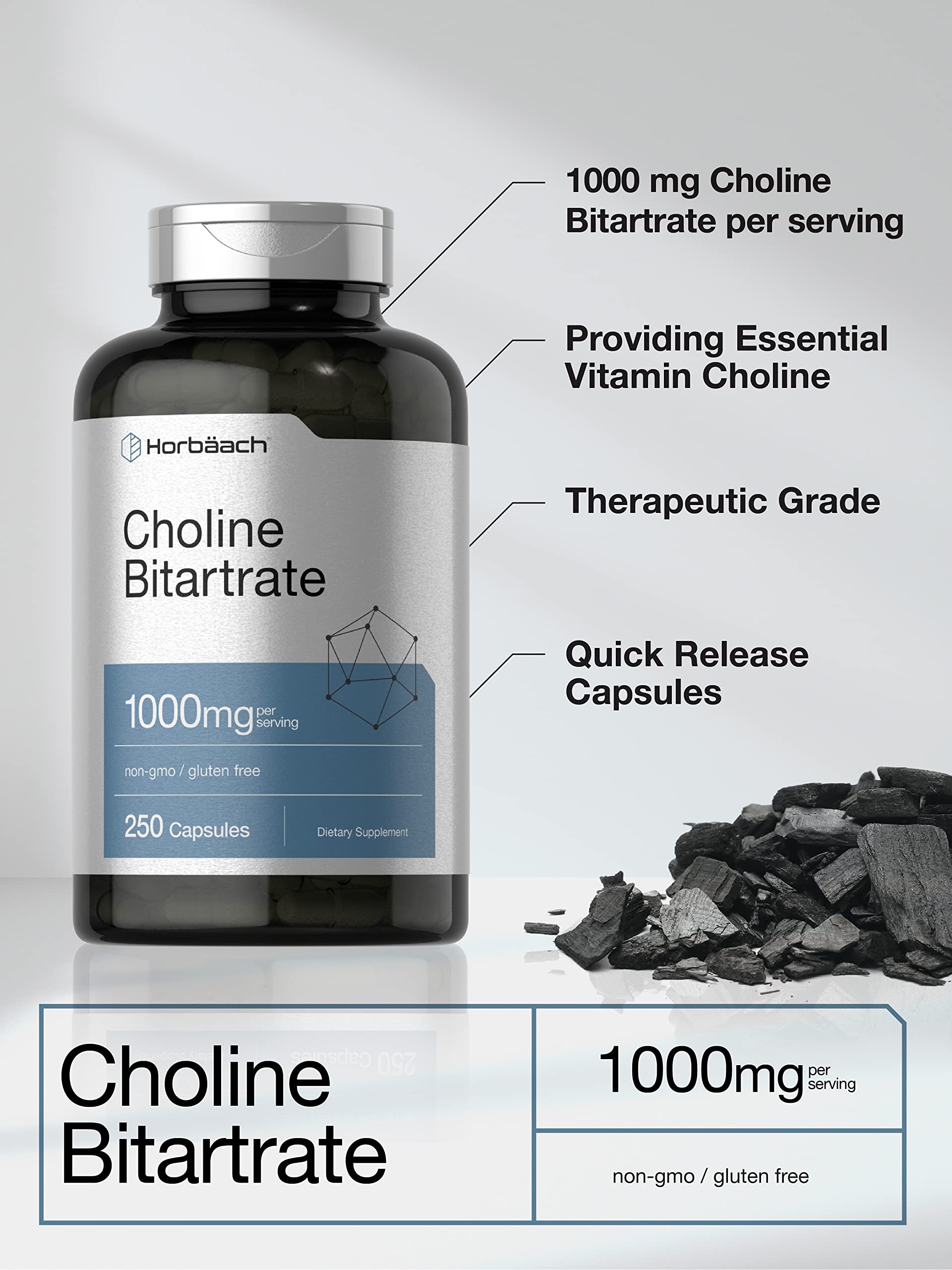 Horbaach Choline Bitartrate label front highlighting potency and DV