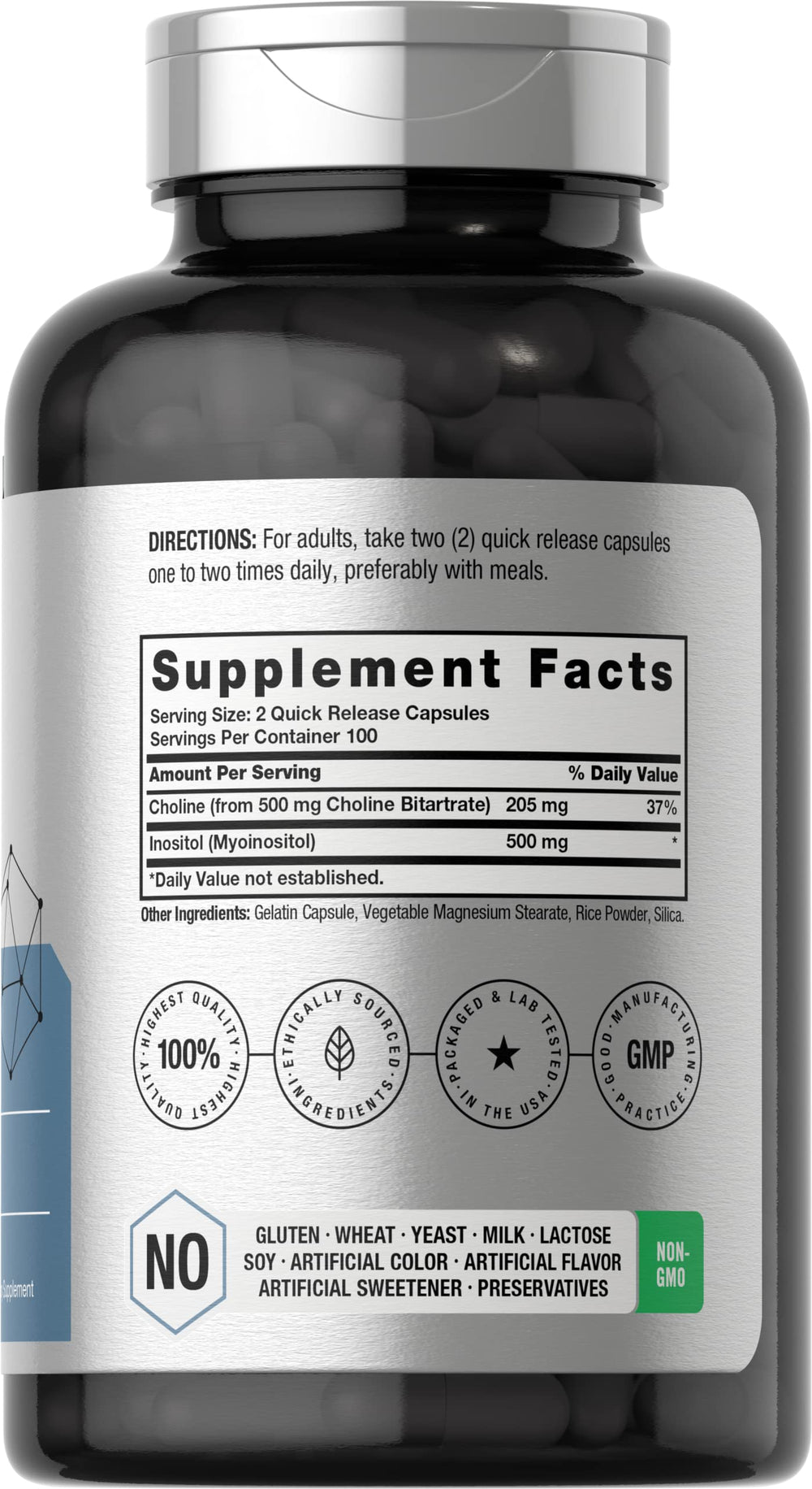 Horbaach Choline Inositol 1000mg capsules close-up highlights quick-release design