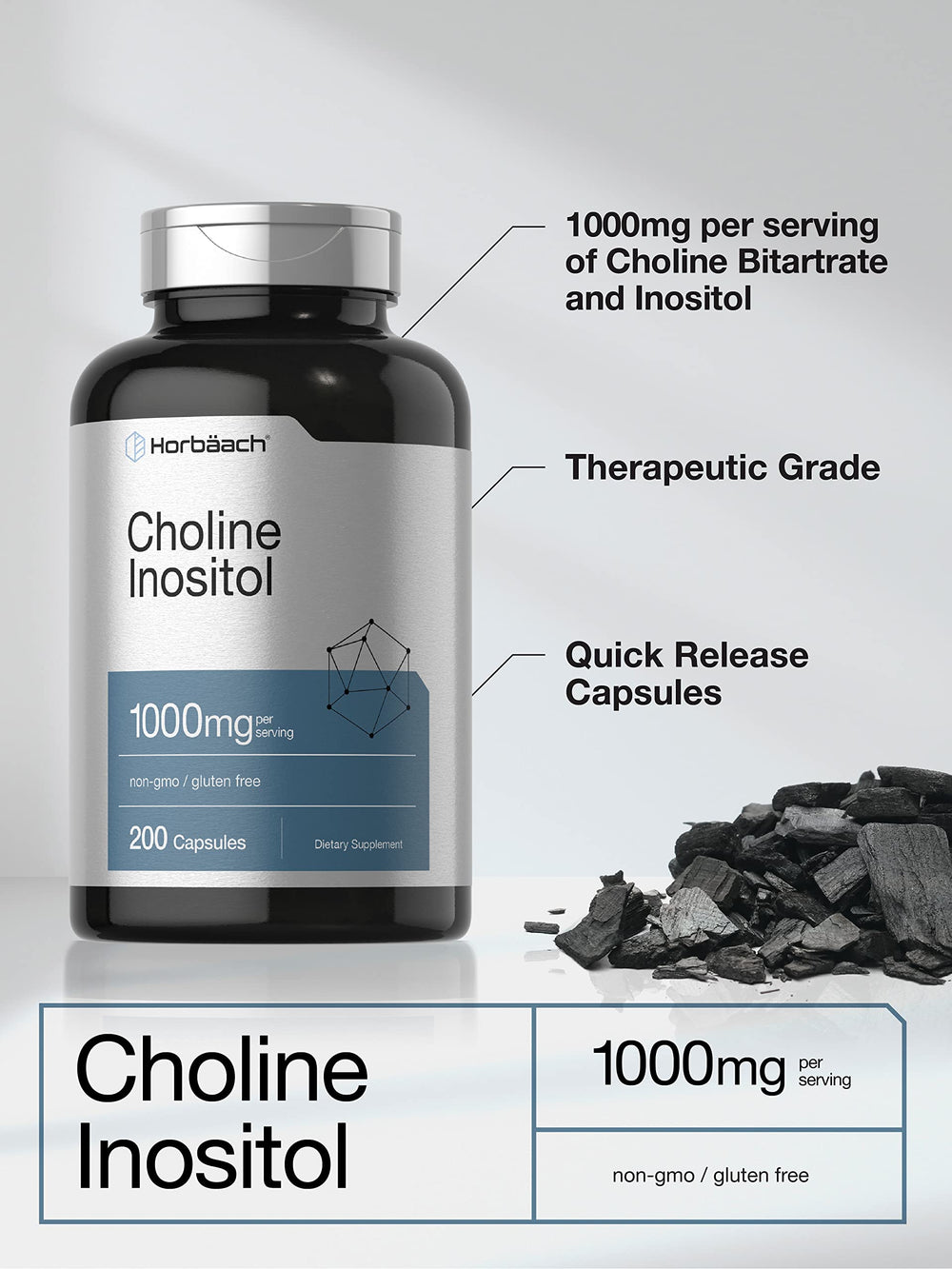 Horbaach Choline Inositol 1000mg label back shows ingredients and non-GMO status