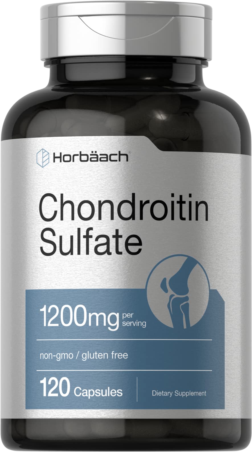 Horbaach Chondroitin Sulfate 1200mg bottle front, non-GMO and gluten-free option for daily supplementation.