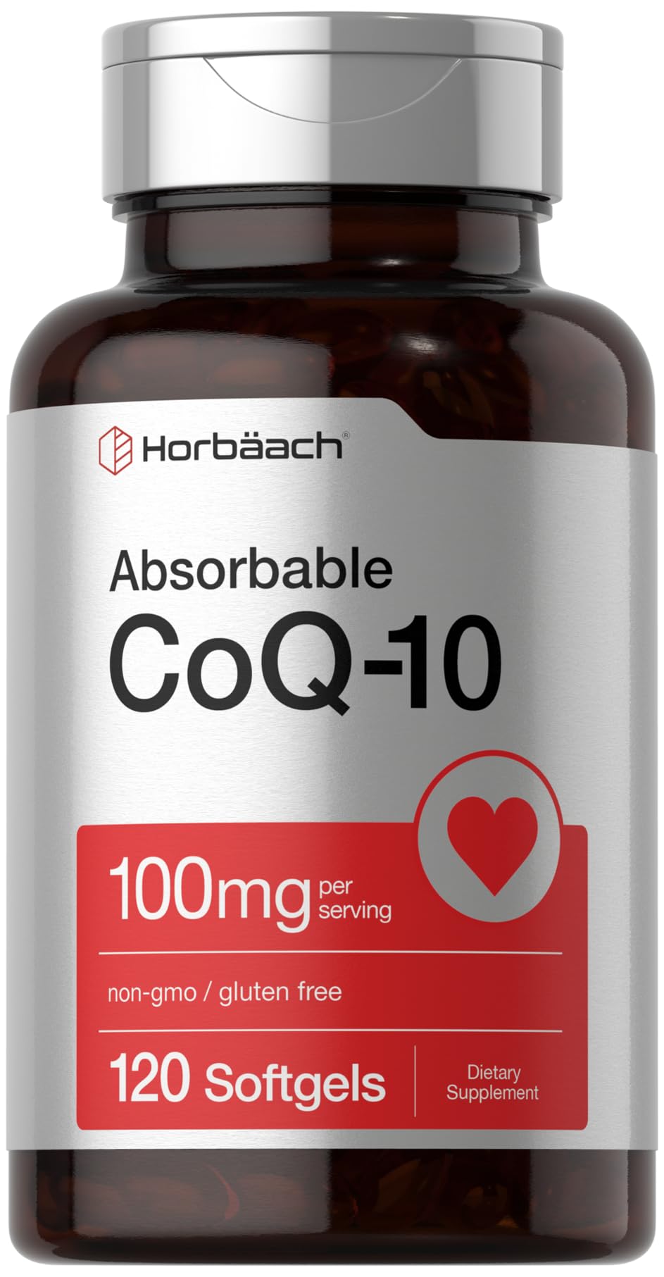 Horbäach CoQ10 bottle with 100mg softgels for daily support.