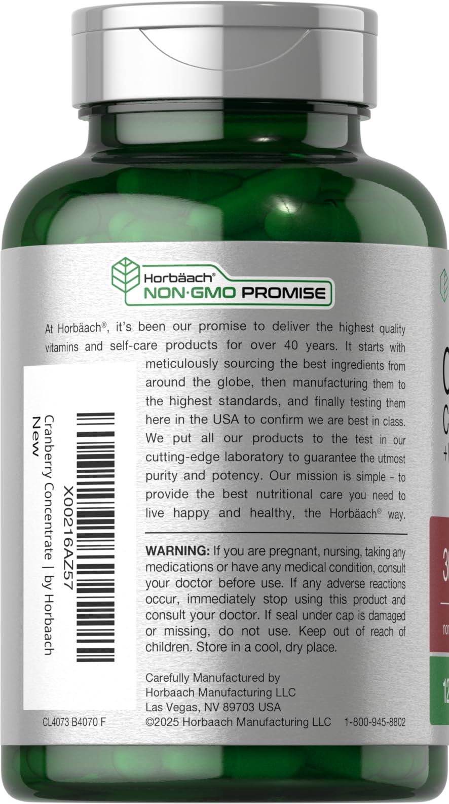 Horbaach Cranberry Concentrate label shows potency and vitamin C content.