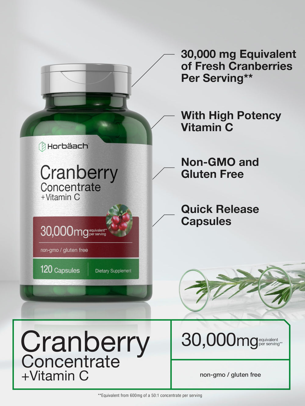 Horbaach Cranberry Concentrate packaging highlights non-GMO and gluten-free.
