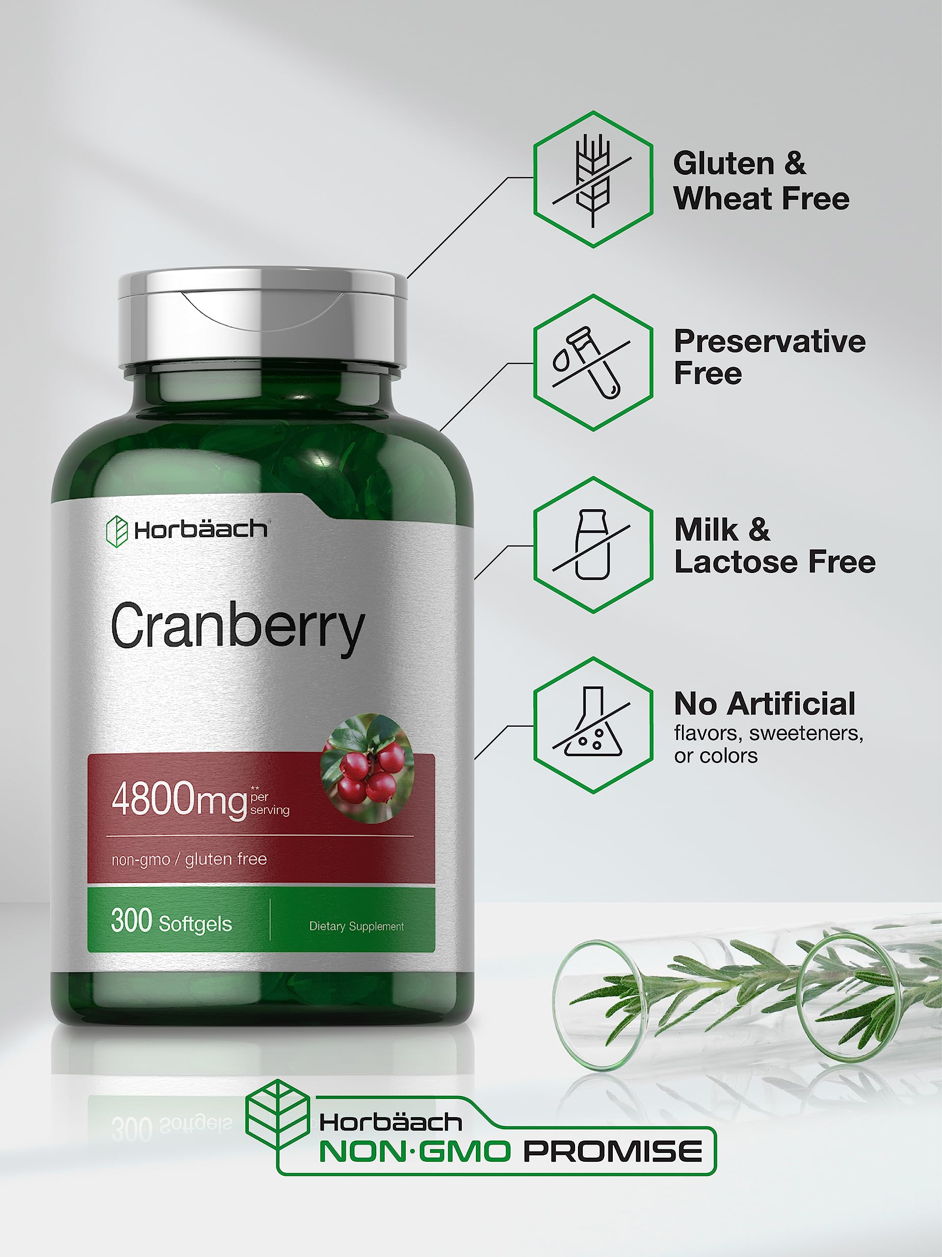 Horbäach Cranberry Pills gluten-free icon on the pack for sensitive diets