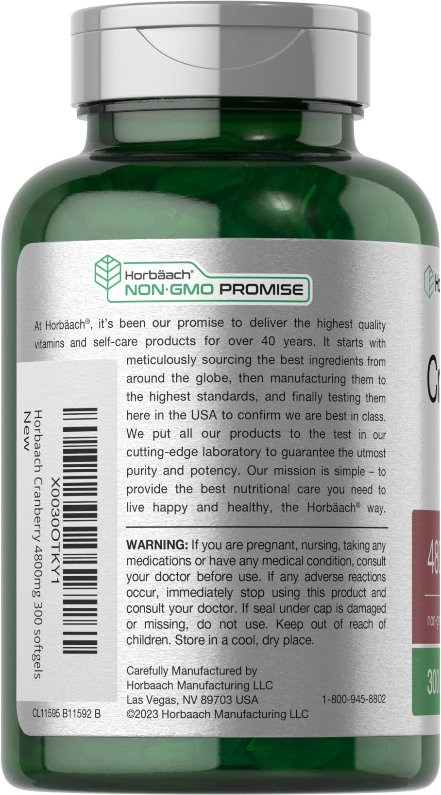 Horbäach Cranberry Pills label with ingredients highlighting natural Vitamin C