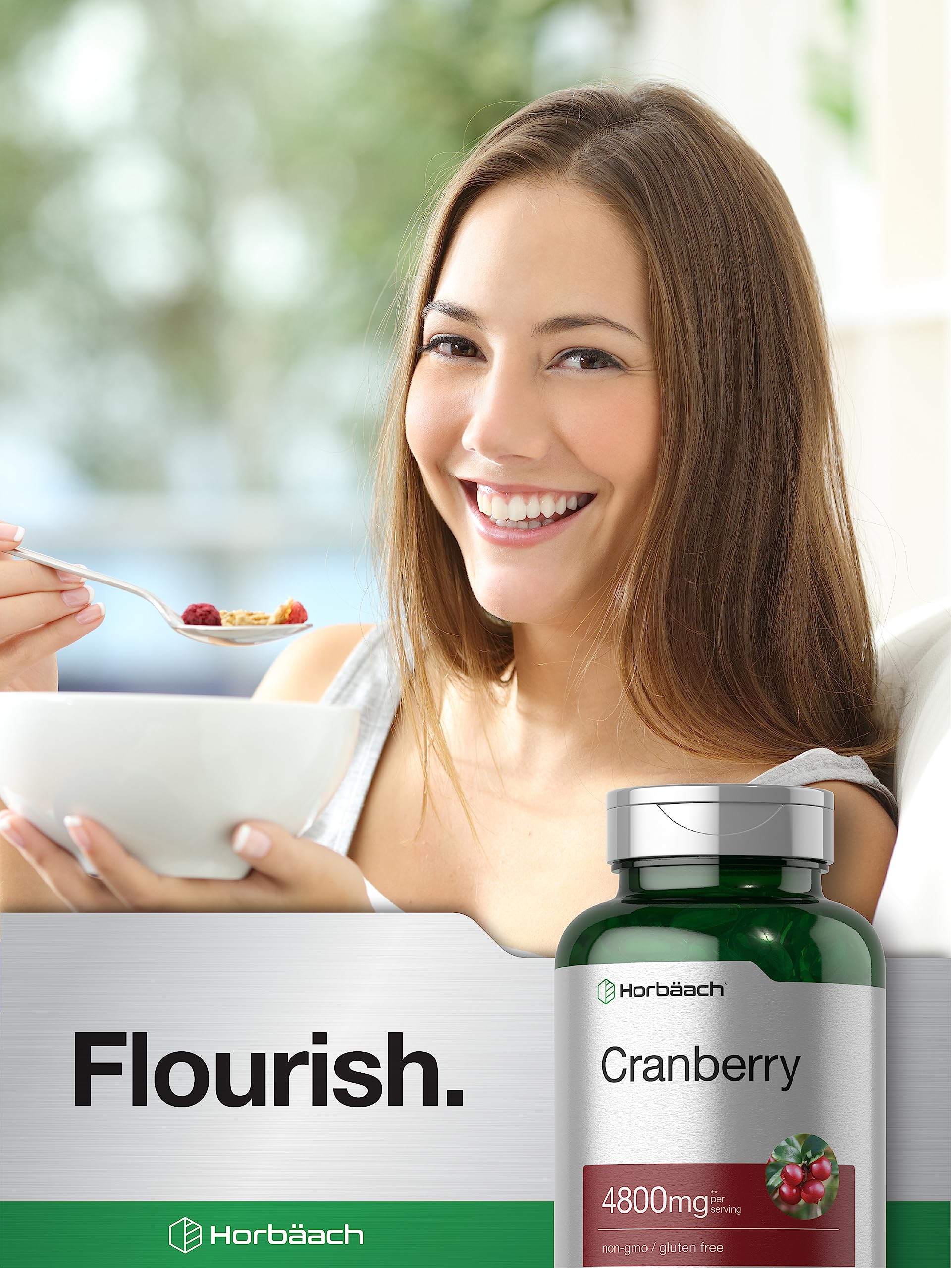 Horbäach Cranberry Pills packaging display emphasizing 300 softgels supply