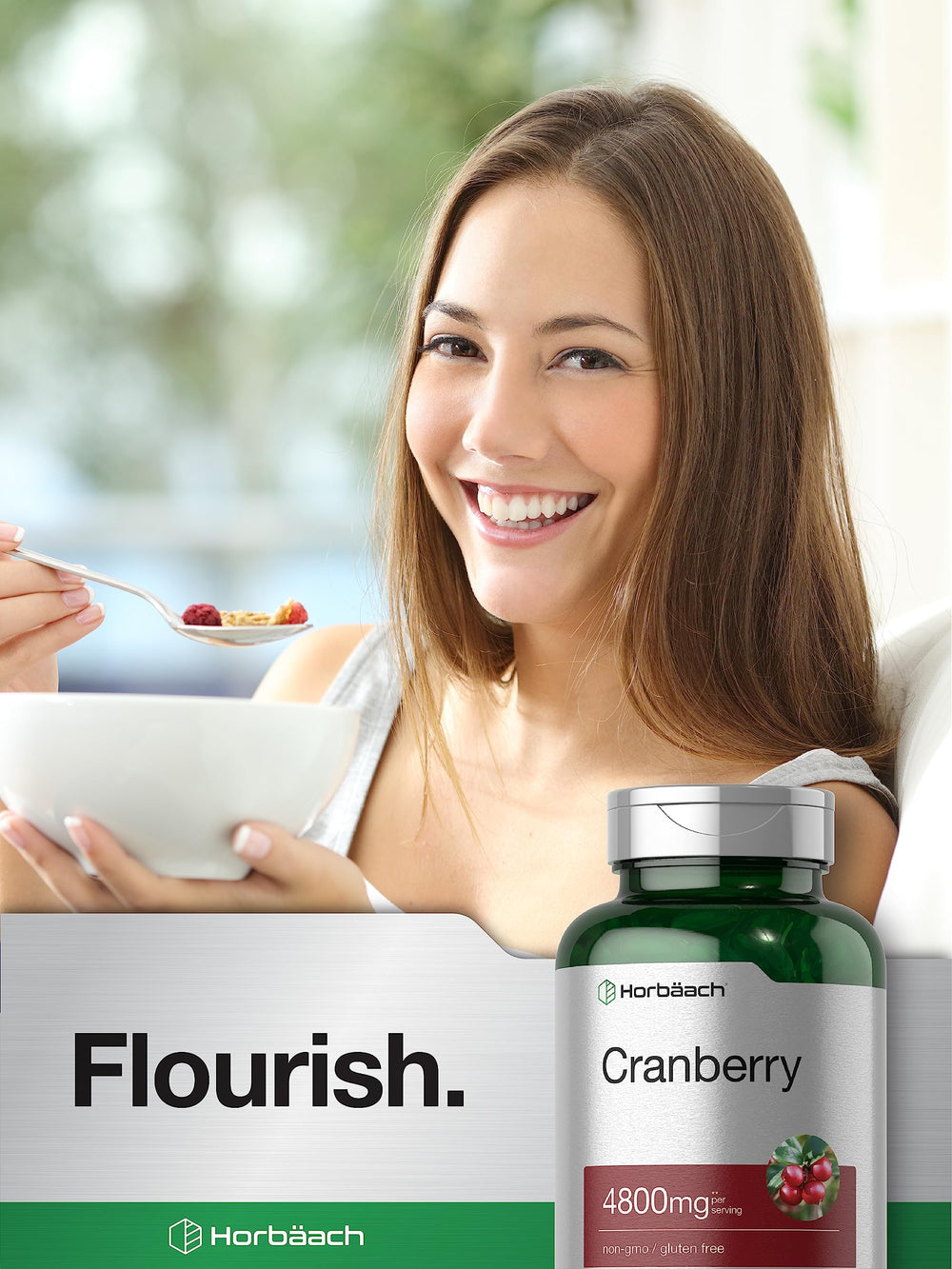 Horbäach Cranberry Pills packaging display emphasizing 300 softgels supply