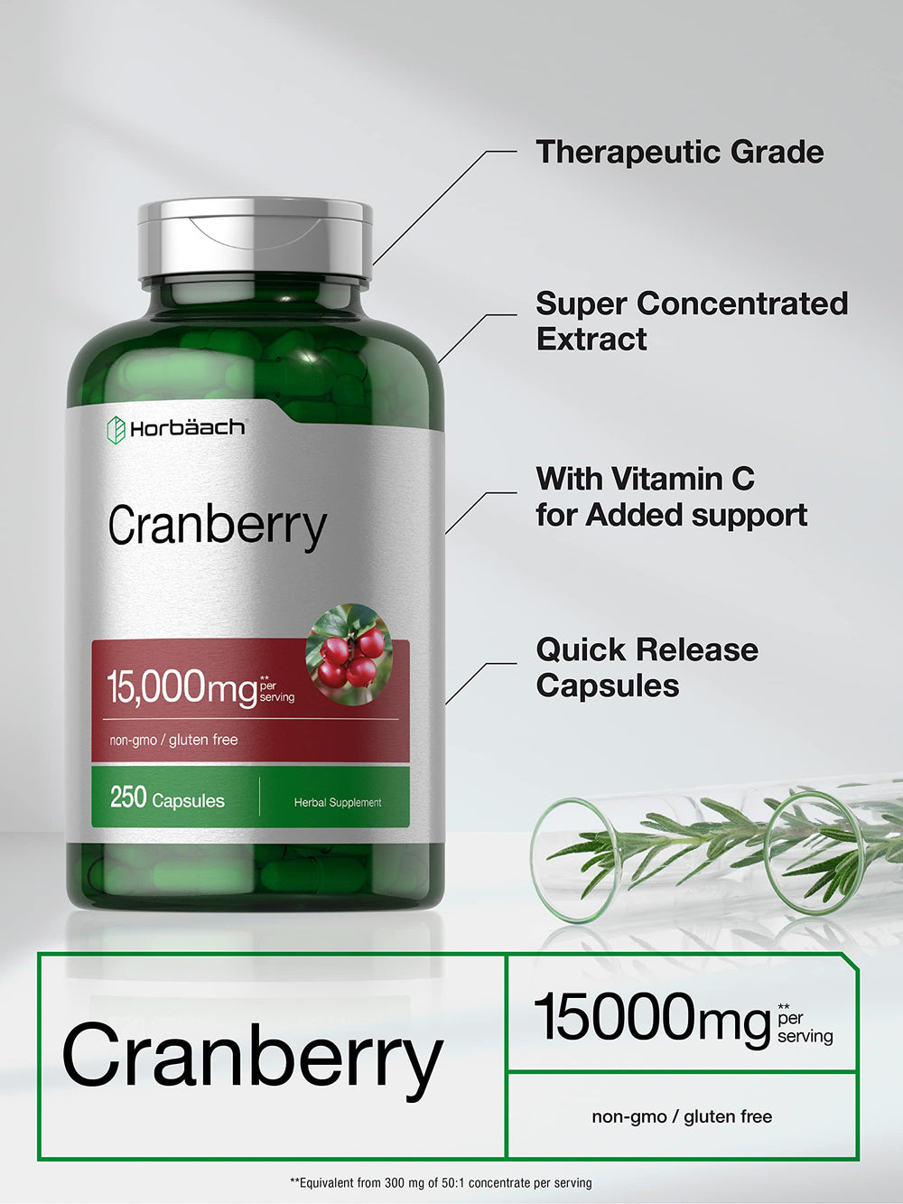 Horbaach Cranberry Pills capsules close-up showing capsule form and powder texture.