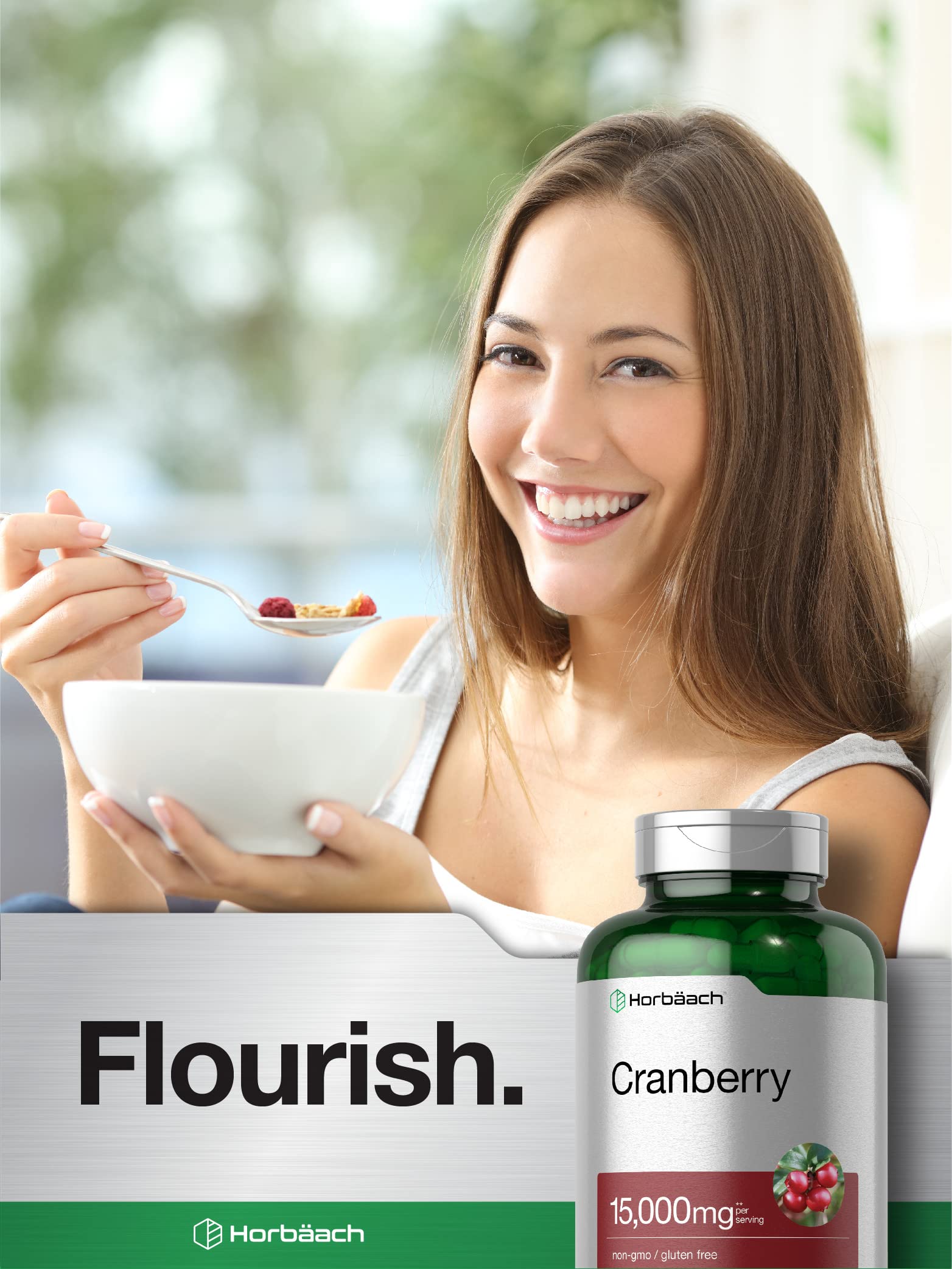 Horbaach Cranberry Pills gluten-free seal indicating suitability for dietary needs.