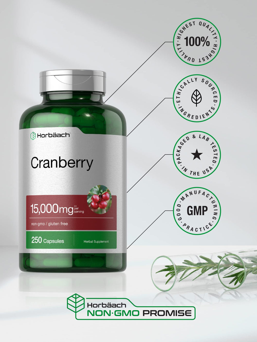 Horbaach Cranberry Pills vitamin C label emphasizing daily supplement benefits.