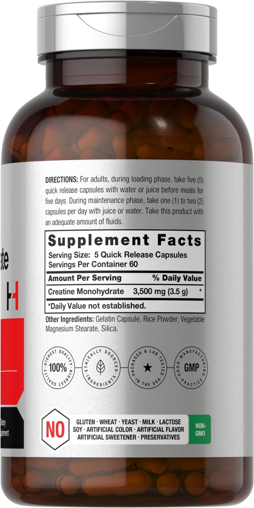 Horbäach Creatine Monohydrate Capsules label close-up highlights gluten-free, Non-GMO ingredients