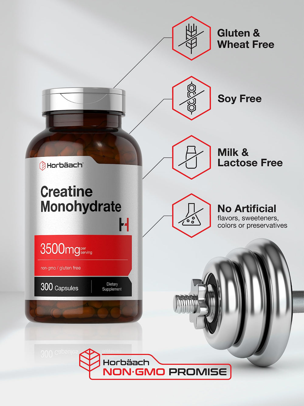 Horbäach Creatine Monohydrate Capsules packaging emphasizes potency and reliability