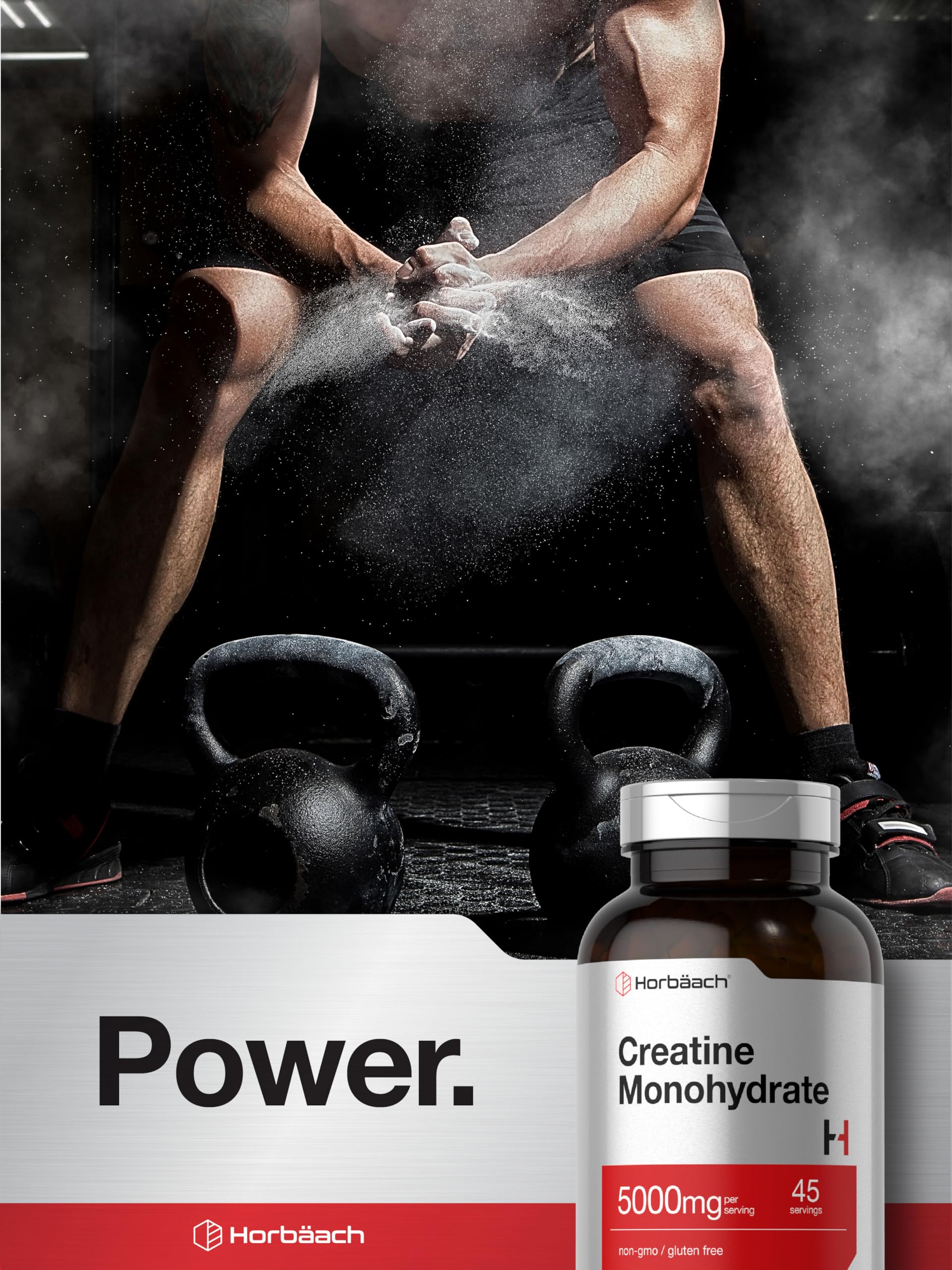 Horbäach Creatine Monohydrate lab-tested seal on packaging