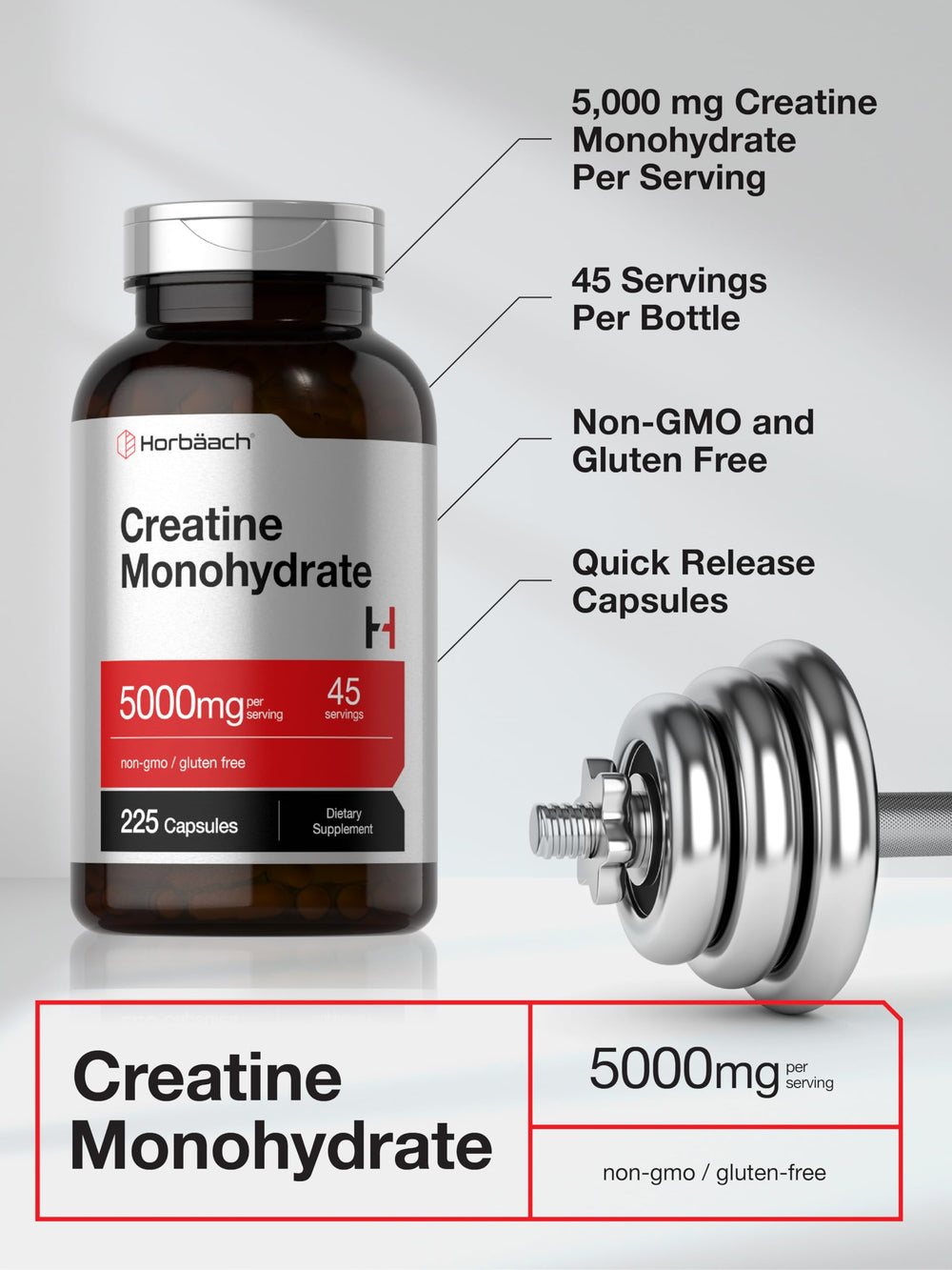 Horbäach Creatine Monohydrate label detail highlighting non-GMO and gluten-free