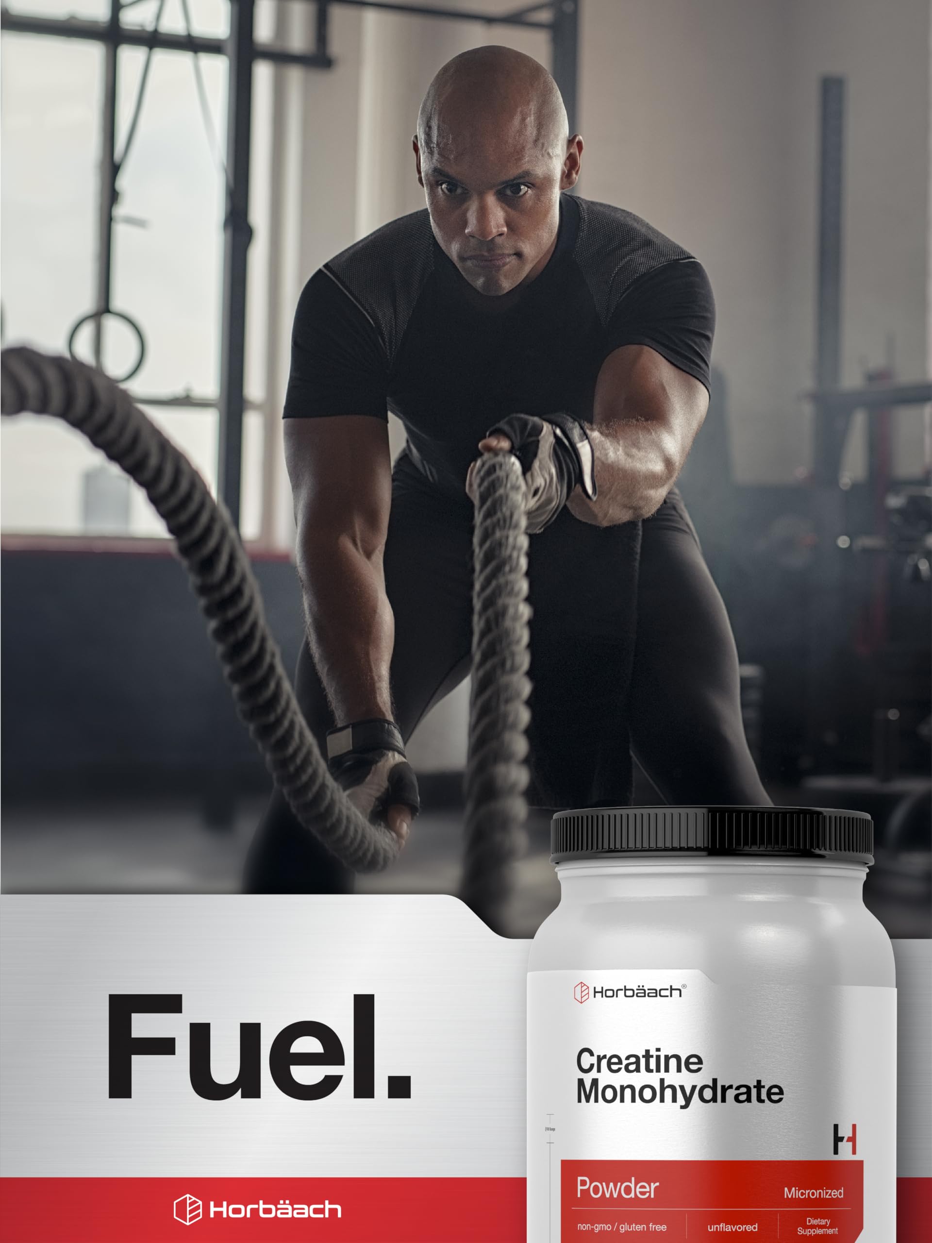 Horbäach Creatine Monohydrate Powder ingredients label emphasizes purity and quality.