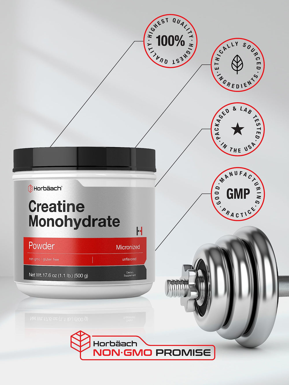 Horbäach Creatine Monohydrate micronized powder, smooth mix for shakes