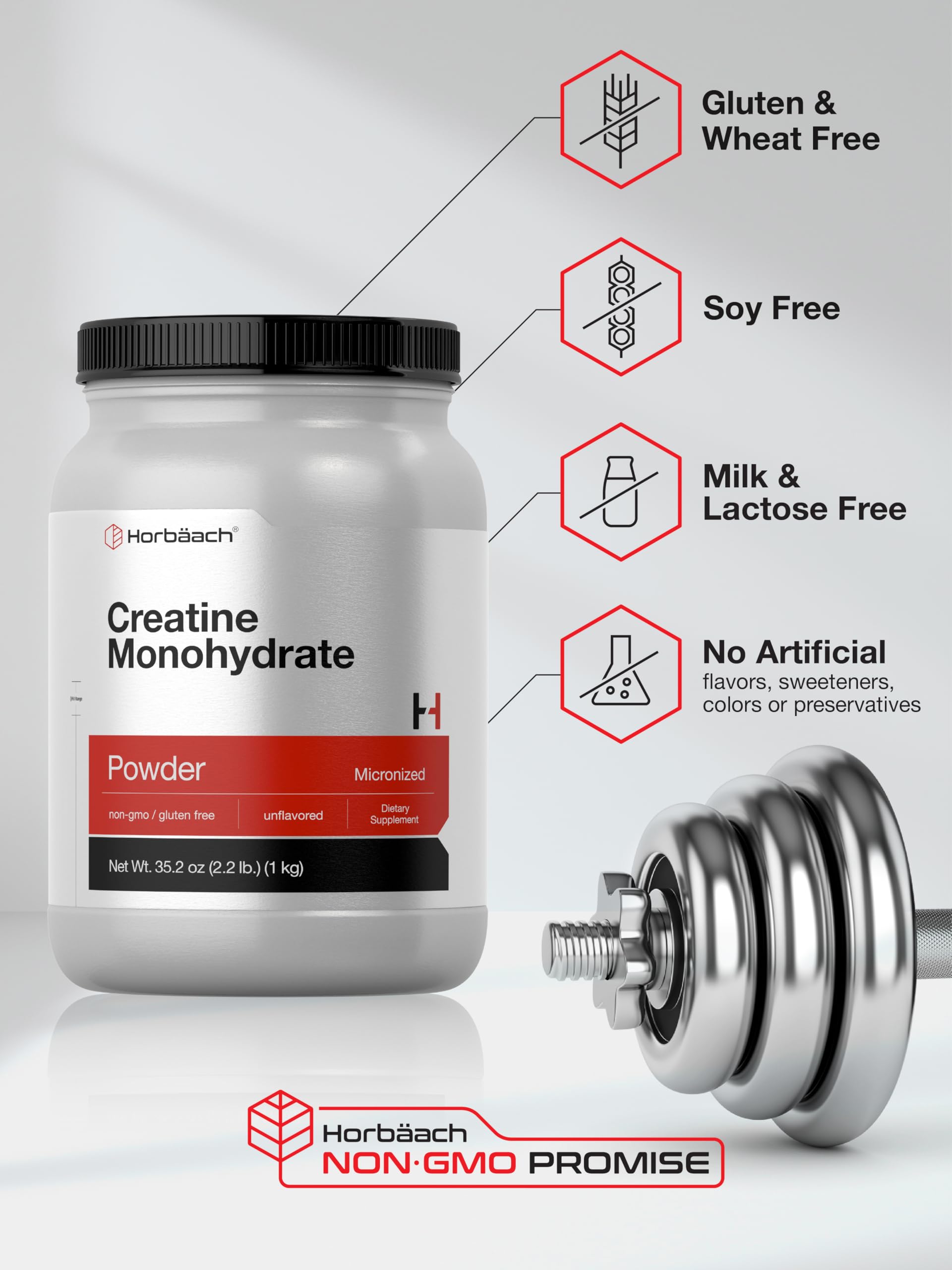 Horbäach Creatine Monohydrate Powder packaging close-up communicates gluten-free and non-GMO features.