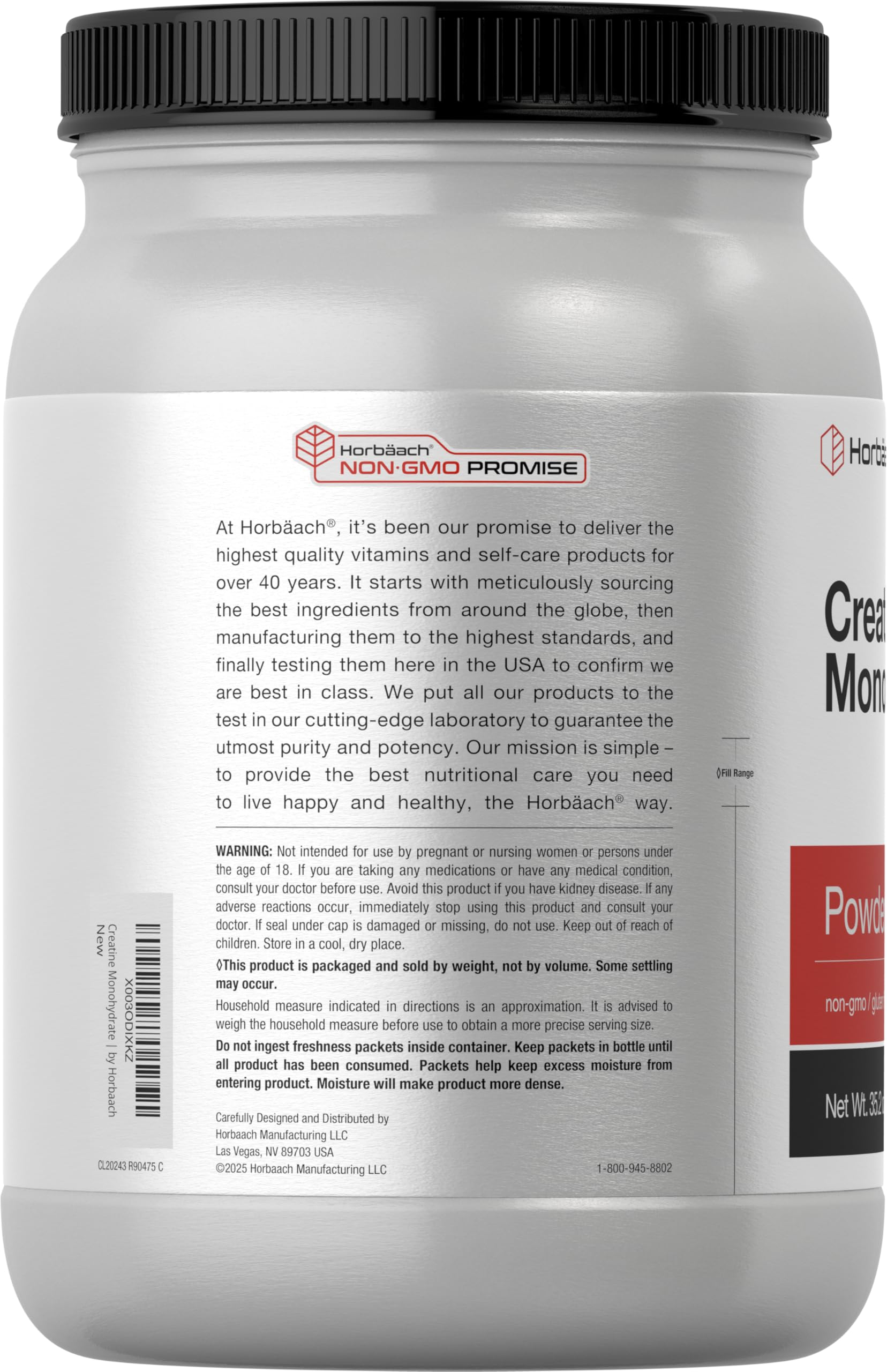 Horbäach Creatine Monohydrate Powder texture close-up highlights fine, mixable powder.