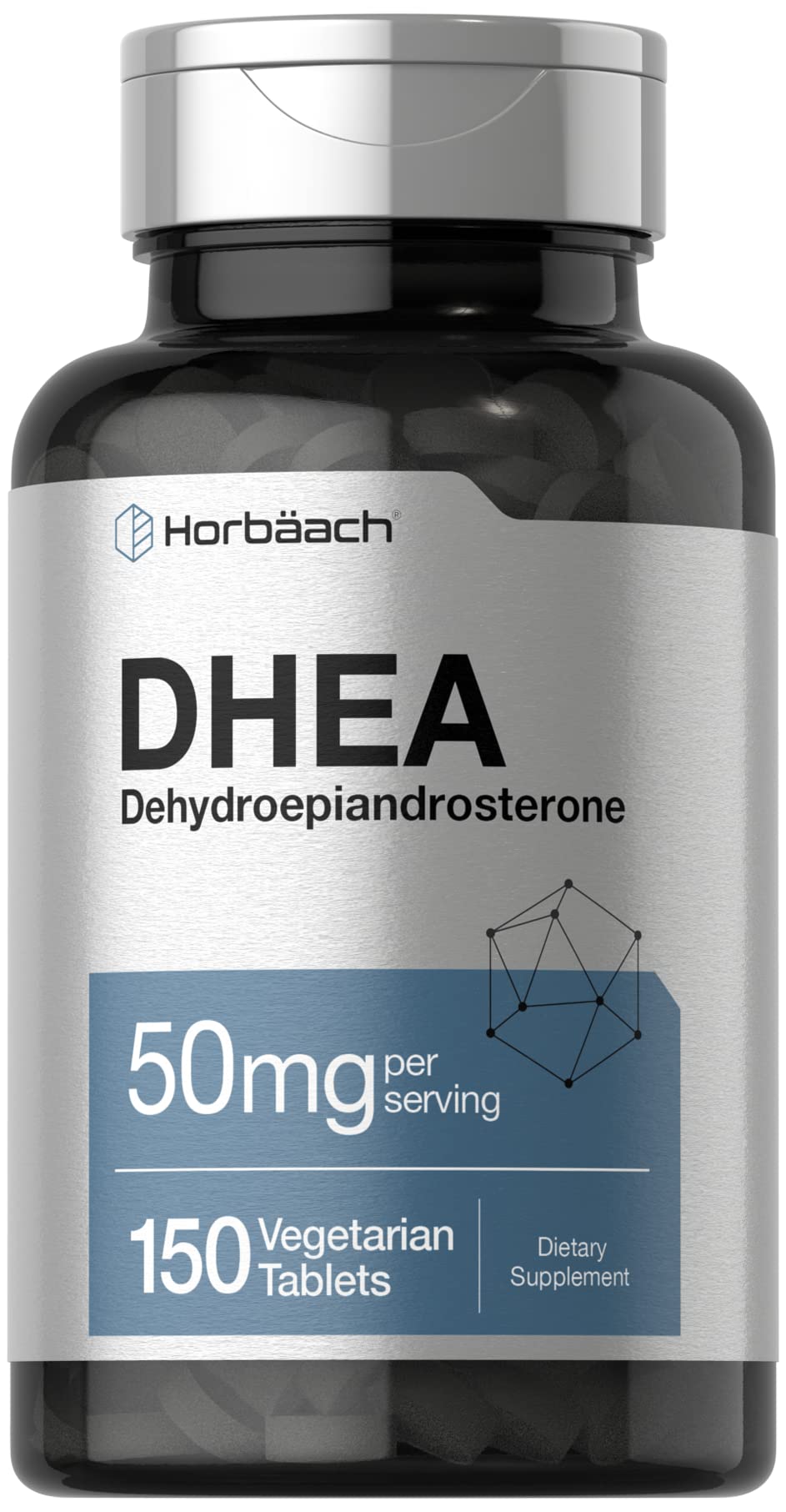 Horbäach DHEA 50mg bottle close-up highlighting purity and quality.