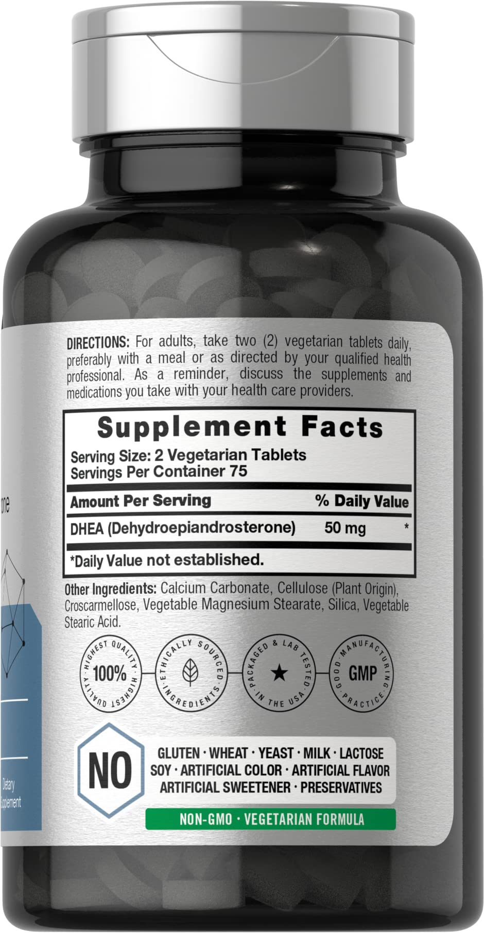 Horbäach DHEA 50mg capsules on a clean surface showing vegetarian formula.
