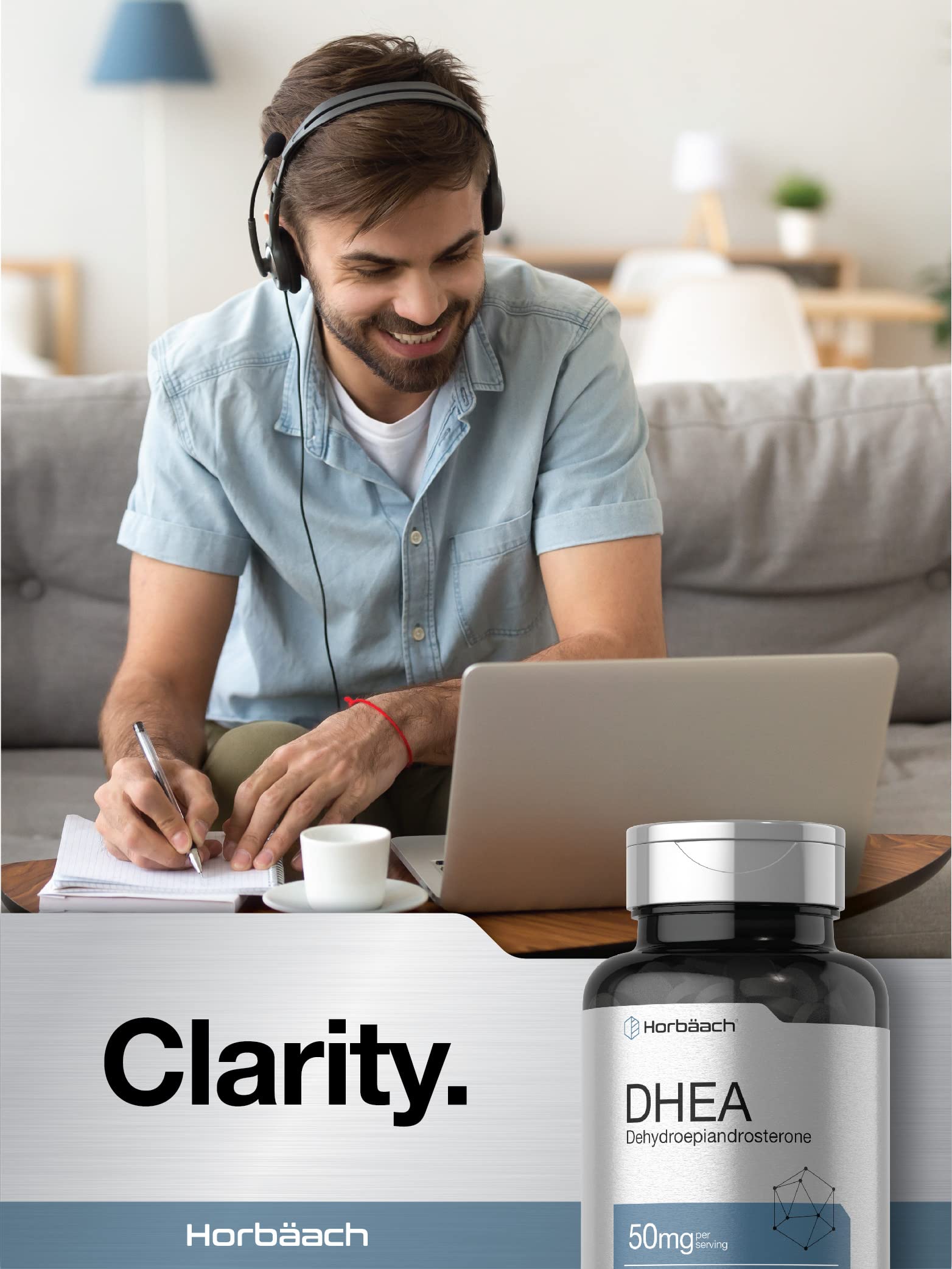 Horbäach DHEA 50mg bottle beside a glass of water for daily use.