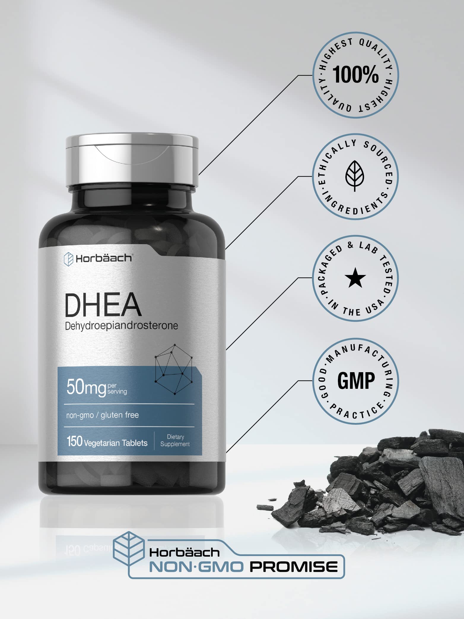 Horbäach DHEA 50mg bottle with label detail emphasizing premium grade.