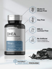 Horbäach DHEA 50mg packaging with gluten-free and non-GMO labels.