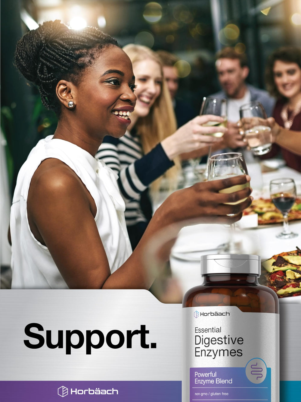 Horbäach Digestive Enzymes bottle shown beside a healthy meal presentation