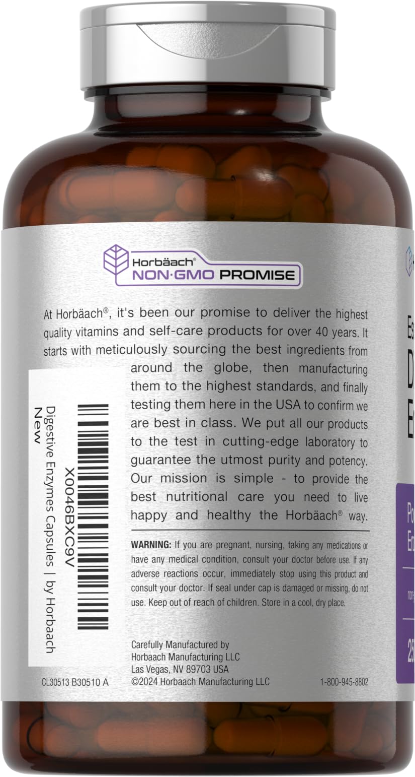 Horbäach Digestive Enzymes multi-plant blend illustration highlighting key enzymes