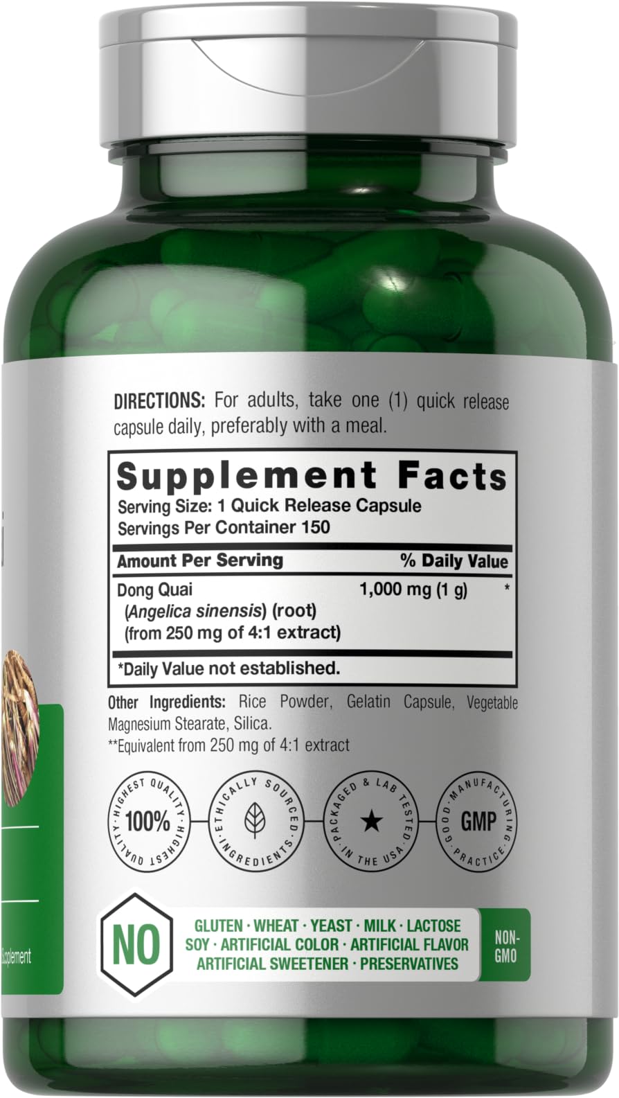 Horbaach Dong Quai label detail notes non-GMO and gluten-free formula.