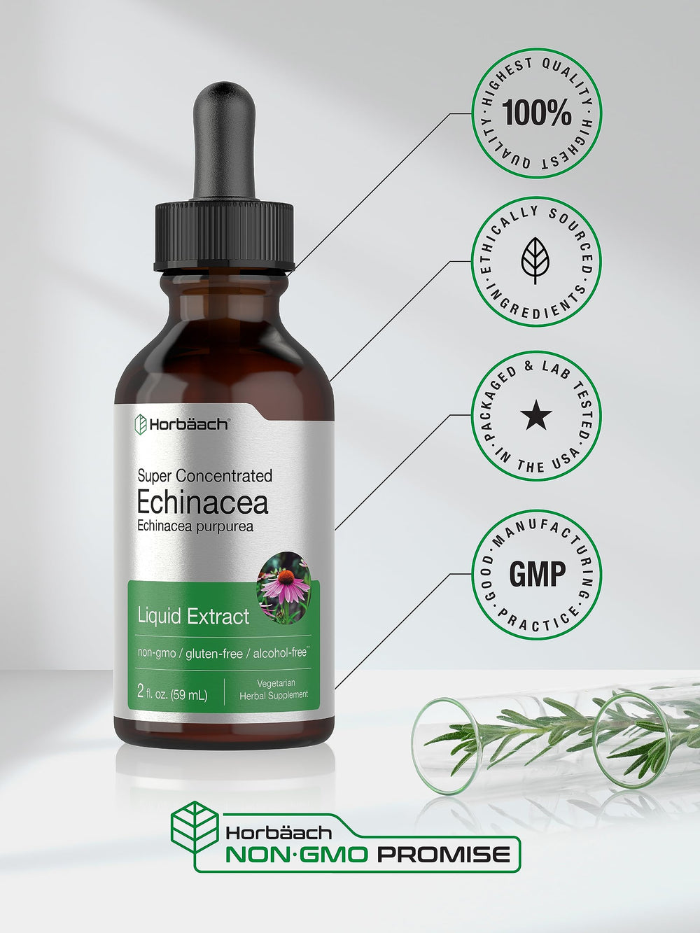 Horbaach Echinacea Drops alcohol-free formula suitable for vegetarians.