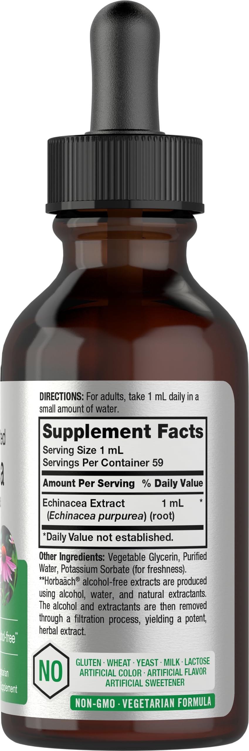 Horbaach Echinacea Drops label close-up showing alcohol-free formula.