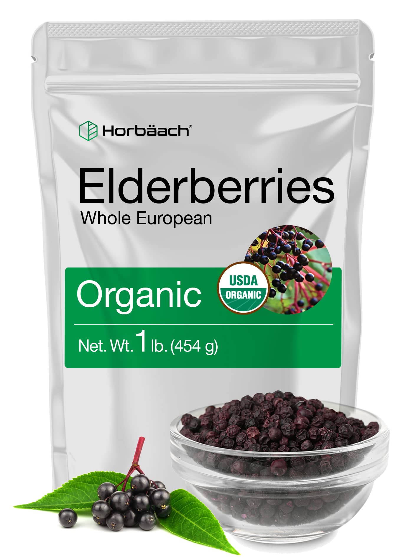 Horbaach organic dried elderberries in bulk bag for tea and baking