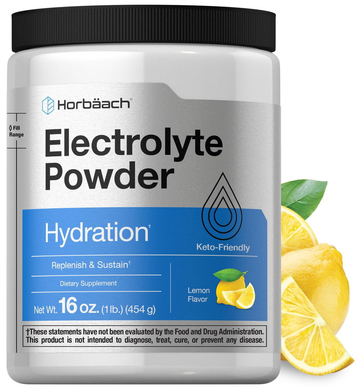Horbäach Electrolytes Powder lemon tub showing essential minerals for daily hydration.