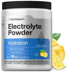 Horbäach Electrolytes Powder lemon tub showing essential minerals for daily hydration.