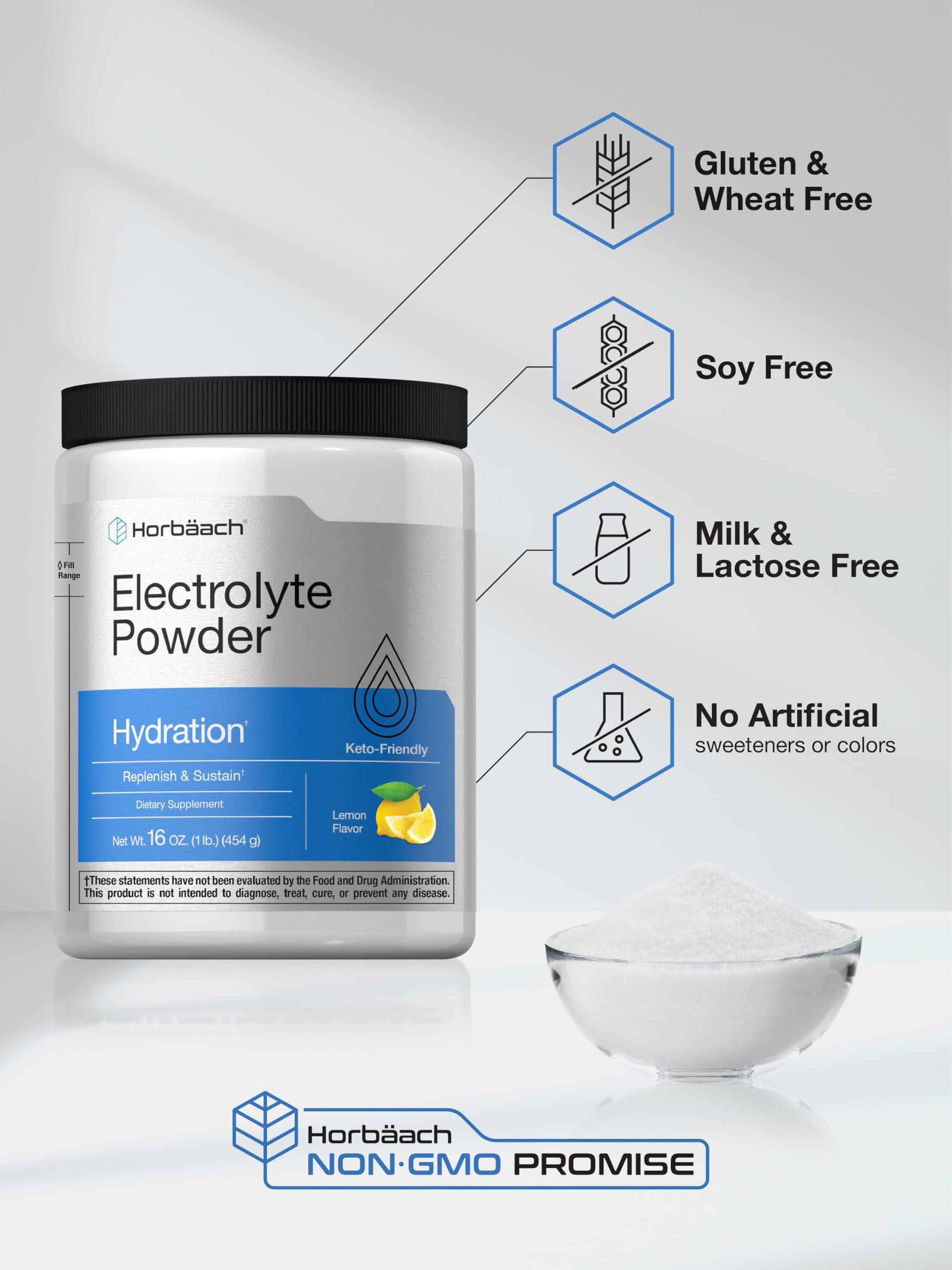 Horbäach Electrolytes Powder being poured into a glass demonstrates quick hydration boost.