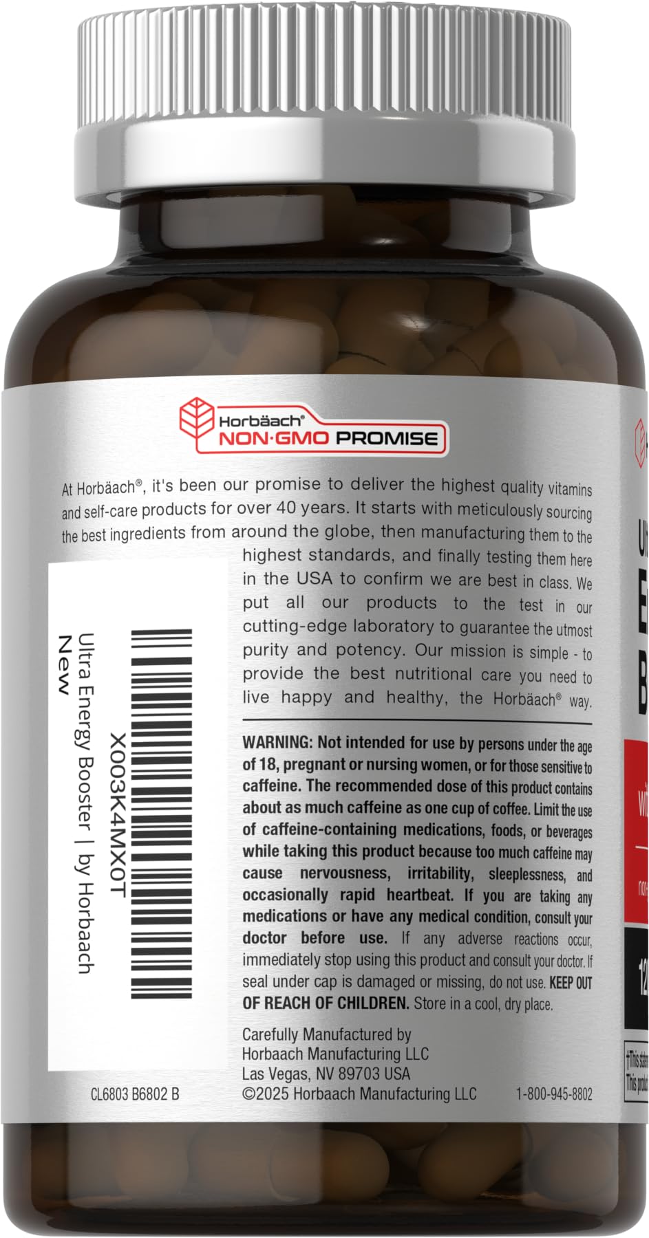 Horbäach Energía Suplemento etiqueta frontal muestra cafeína y ginseng para energía.