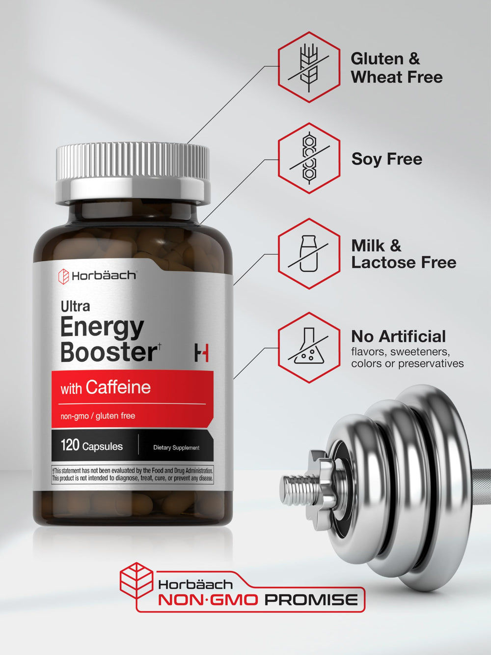 Horbäach Energía Suplemento ingredientes clave, B12 y cafeína para energía.