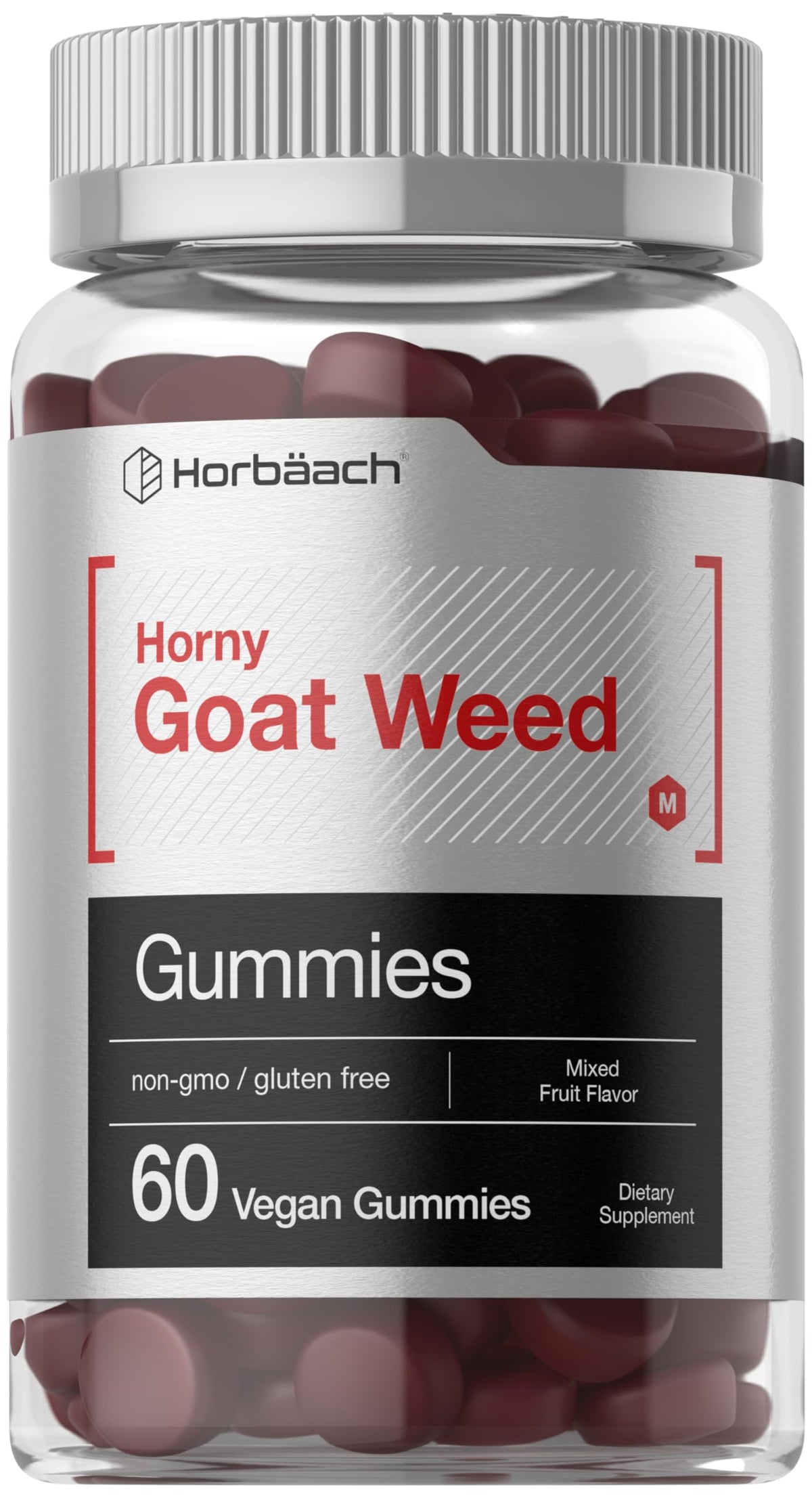 Gomitas Horbäach con hierba de cabra y sabor fruta mixta en envase visible, uso diario recomendado.