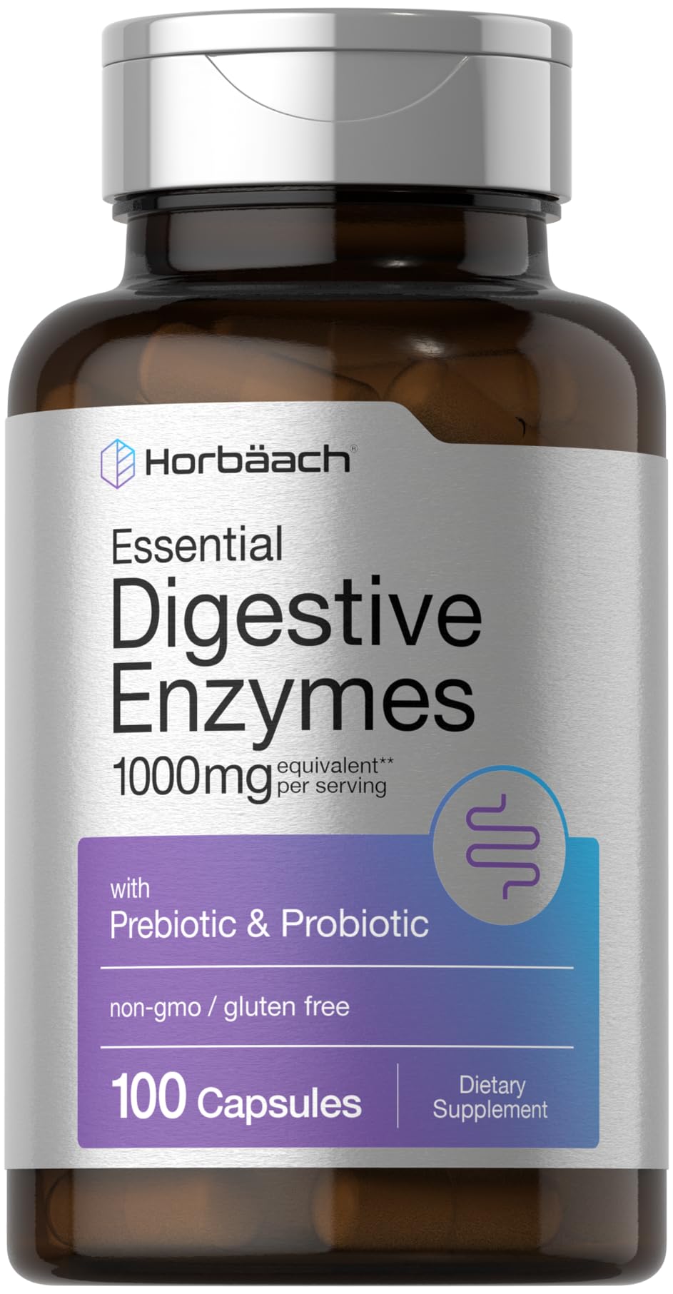 Horbaach Enzimas Digestivas Esenciales en cápsulas para apoyo digestivo diario.