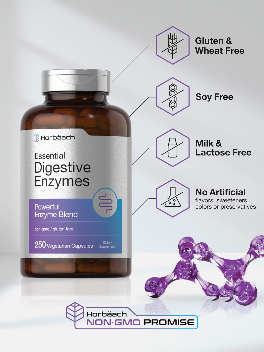 Horbäach Essential Digestive Enzymes gluten-free and non-GMO certification badge